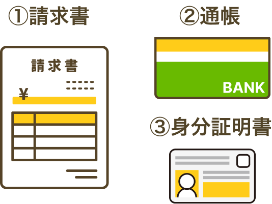 ①請求書 ②通帳 ③身分証明書